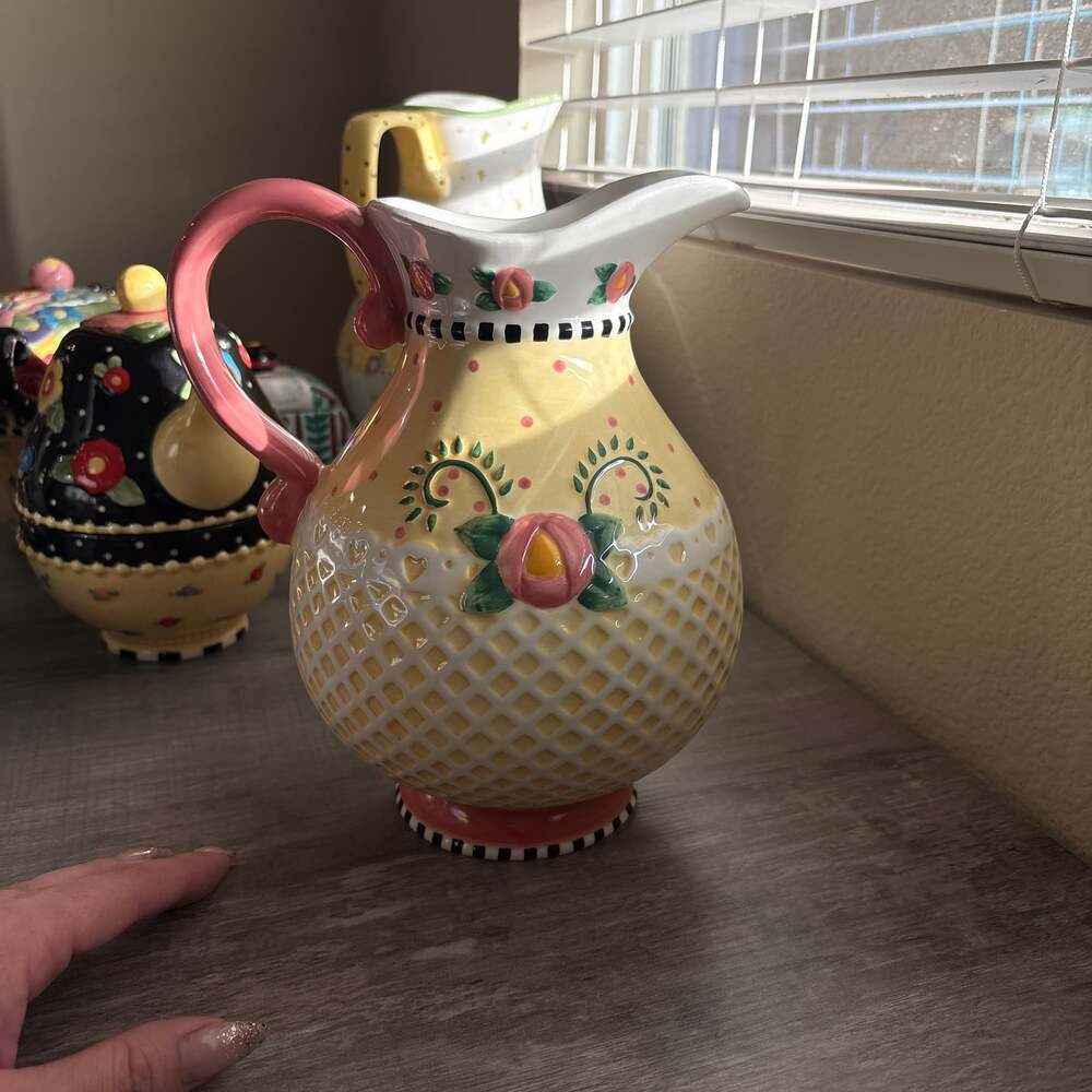Mary Engelbreit 2001 Meadow Hostess Ceramic Pitcher Yellow Pink Floral Lattice